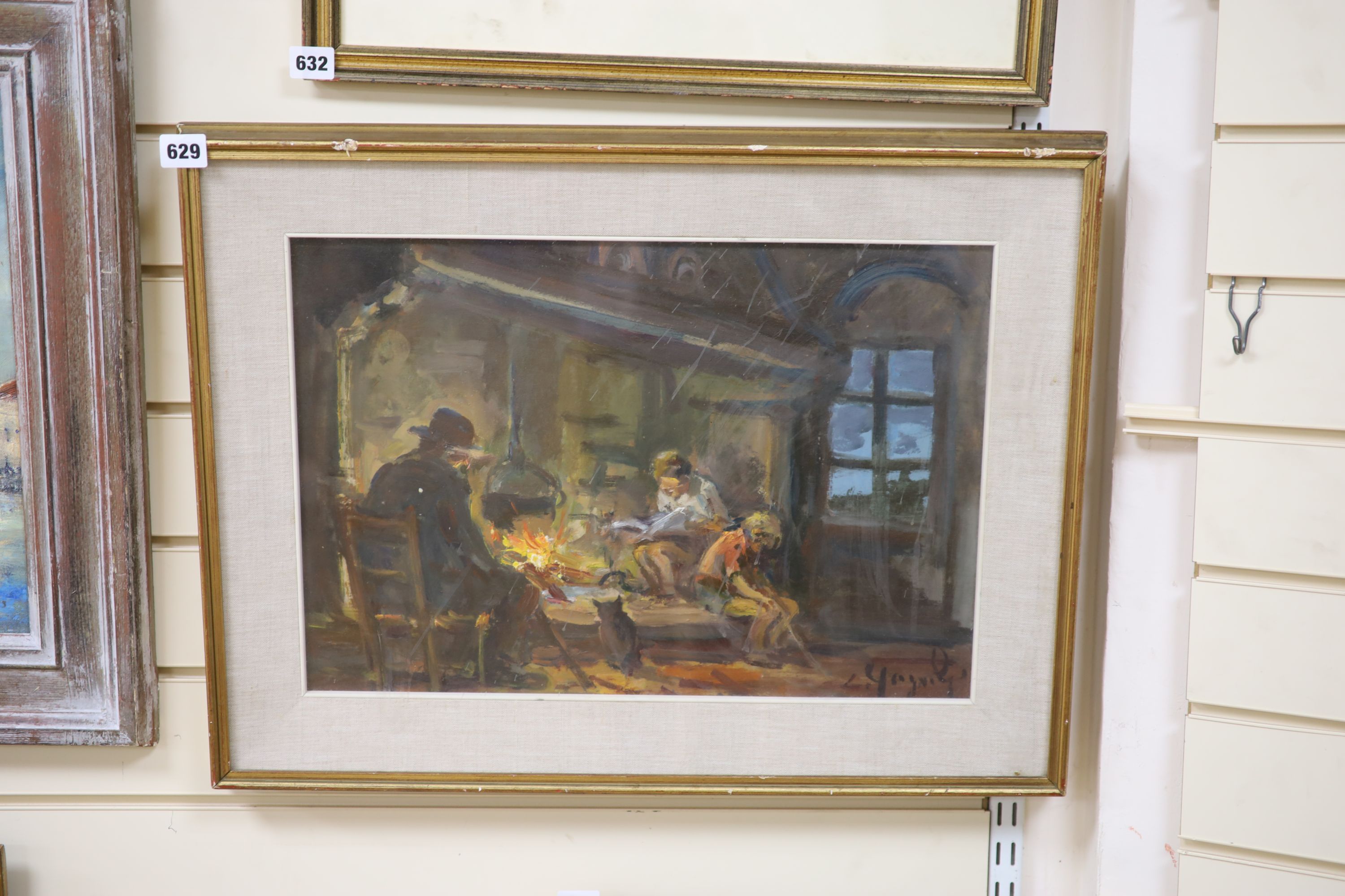 Russian School, oil on board, Interior with figures around a hearth, indistinctly signed, 33 x 48cm